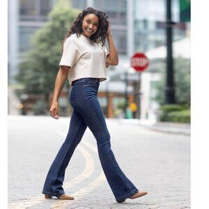 Spanx Denim Flare Jeans Full Length High Rise Waisted Vintage Retro Bell Bottoms